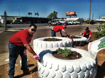 Scrap OTR and truck tires were recycled to serve as planters for Community Tire Pros' community salsa garden, which produced some 400 pounds of free vegetables for local residents.