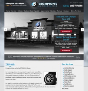 This page on Crompton's Auto Care's website clearly notes location, details and services offered and offers a relevant coupon with a clear call to action for the customer.