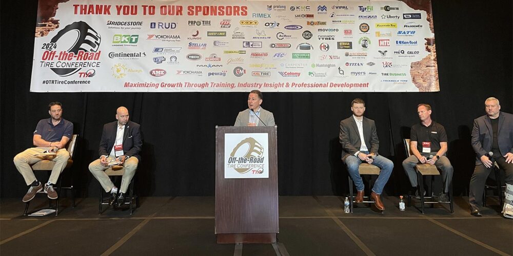 (From left to right) James John, president of Shrader Retreading; Michael Berra, president of Community Tire Retreading; Rusty Hatten, operations/sales of H&H Industries; Darryl Moore, director remanufacturing and sustainability at Kal Tire; Mike Jacobsen, VP of manufacturing at Purcell Tire.