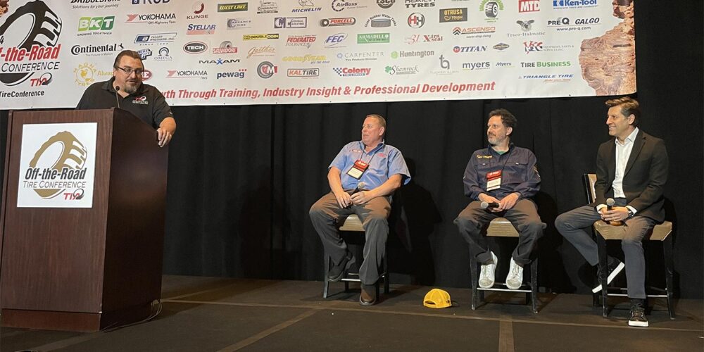 (from left to right) Al Atkinson, North America product manager for the TPC division of Pewag Chain; Brian Cohn, president of OTRUSA.com; Fatih Sedele, CEO of Las Zirh Tire Chains.