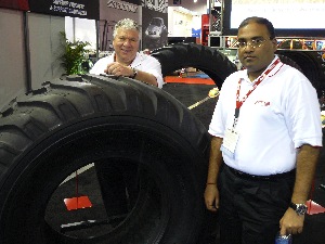 Manny Cicero, president of Alliance Tire Americas (left), and Yogesh Mahansaria, CEO of Alliance Tire Group, in the companys booth at last years Global Tire Expo.