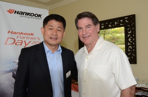 Hankook Tire America Corp. president Soo Il Lee (left) with Steve Garvey, former Los Angeles Dodgers and San Diego Padres star, who addressed dealers at the event.
