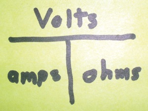 to solve for amps, cover the ampere portion with your finger and divide voltage by resistance. a circuit operating at 14.2 volts against a resistance of 2 ohms will, for example, carry 7.1 amperes of current.