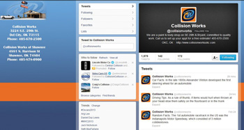 Collision Works of Del City, Okla.s Twitter account showcases their brand with a nice logo and consistent colors.