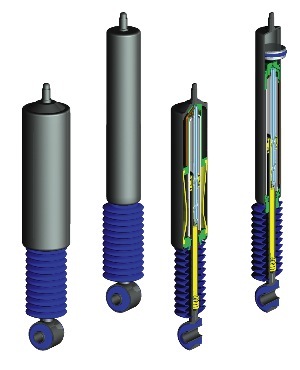 the nivomat is like an ordinary monotube shock absorber with a hydraulic piston, tube and accumulator. there are two different configurations of the shock: diaphragm type (shown above as the left unit of each pair) and piston type (right).