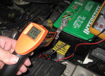 figure 8: the battery negative terminal crimp measured 173 f, despite a clean appearance.