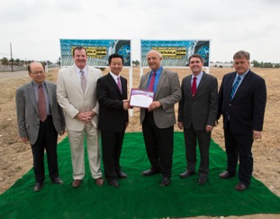 At the groundbreaking for CMA's second U.S. distribution center were (from left): Ben Tang, CMA controller; Aaron Murphy, CMA vice president; Mike Yang, CMA president; Rancho Cucamonga councilmen Sam Spagnolo and Marc Steinorth; and Ken Coltrane, CMA vice president of consumer tires.