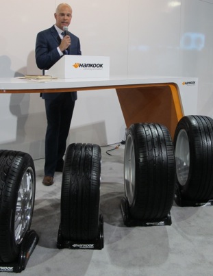 Shawn Denlein, HankookTire America Corp. senior vice president of marketing and sales, introduces the four new tires.