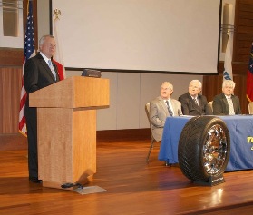 Georgia Gov. Nathan Deal speaks as Toyo announces a major expansion of its Bartow County plant. Seated are (from left) Bartow Commissioner Clarence Brown, James Jarrett, chairman of the Cartersville Bartow Joint Development Authority and Jim Hawk, president Toyo Tire North America. (Doug Walker-Rome News-Tribune)