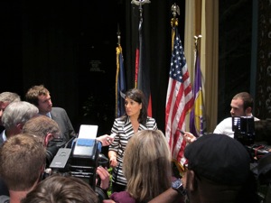 south carolina gov. nikki haley talks with media after the announcement.